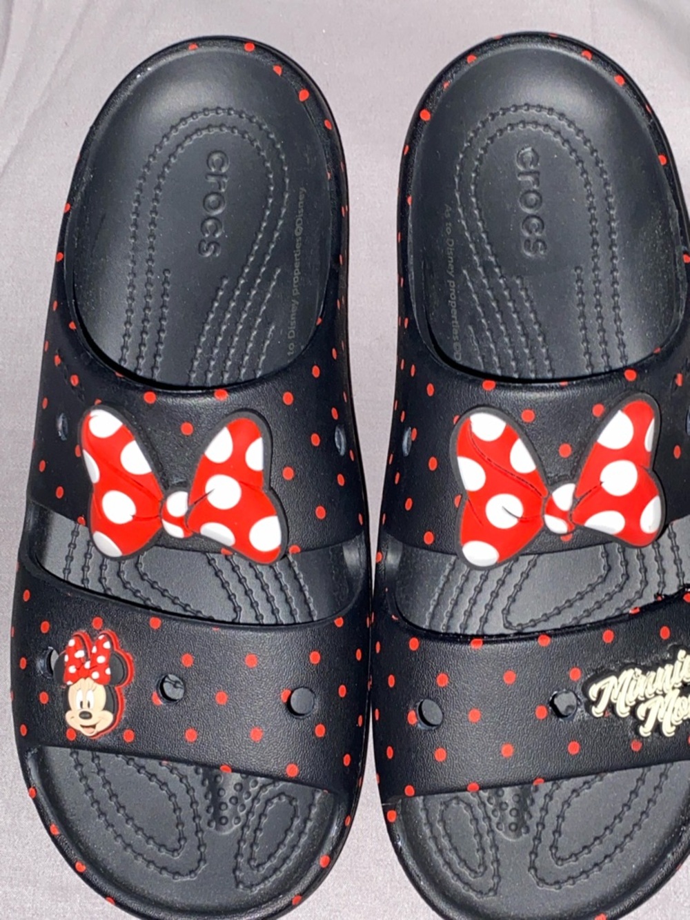 NWOT CROCS DISNEY-SLIDES SIZE 9 Minnie Mouse Black Red & White Polka Dot Bow - Picture 2 of 12